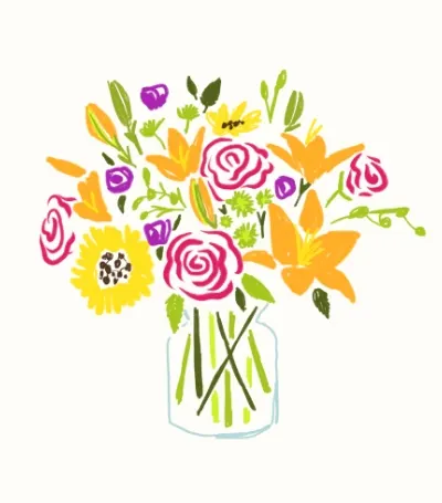 illustrated image of pink, yellow, and orange floral bouquet 