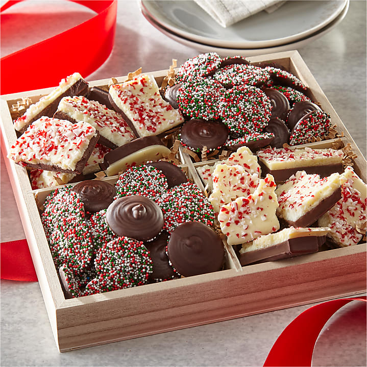 product image for Holiday Belgian Chocolate Peppermint Bark and Nonpareils Gift Tray