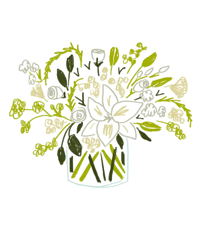 illustrated image of white and green floral bouquet